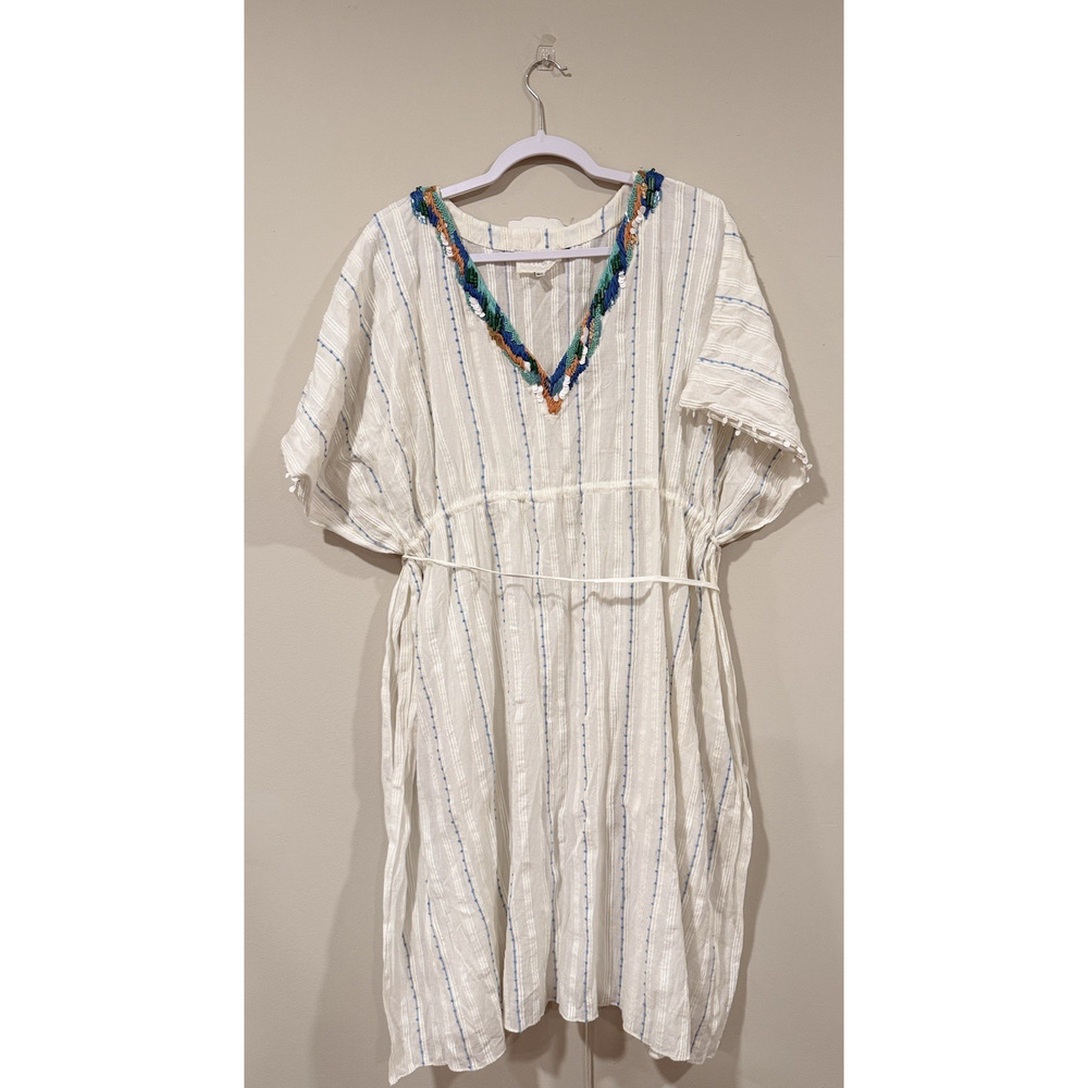 Anthropologie Duet Womens Anais Kaftan Dress White Blue Striped One Size 2353